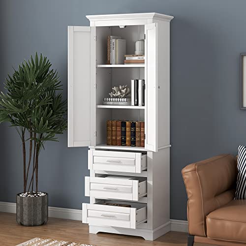 White 2 Door Tall Bathroom Storage Cabinet with 3 Drawers and Adjustable Shelves T5371