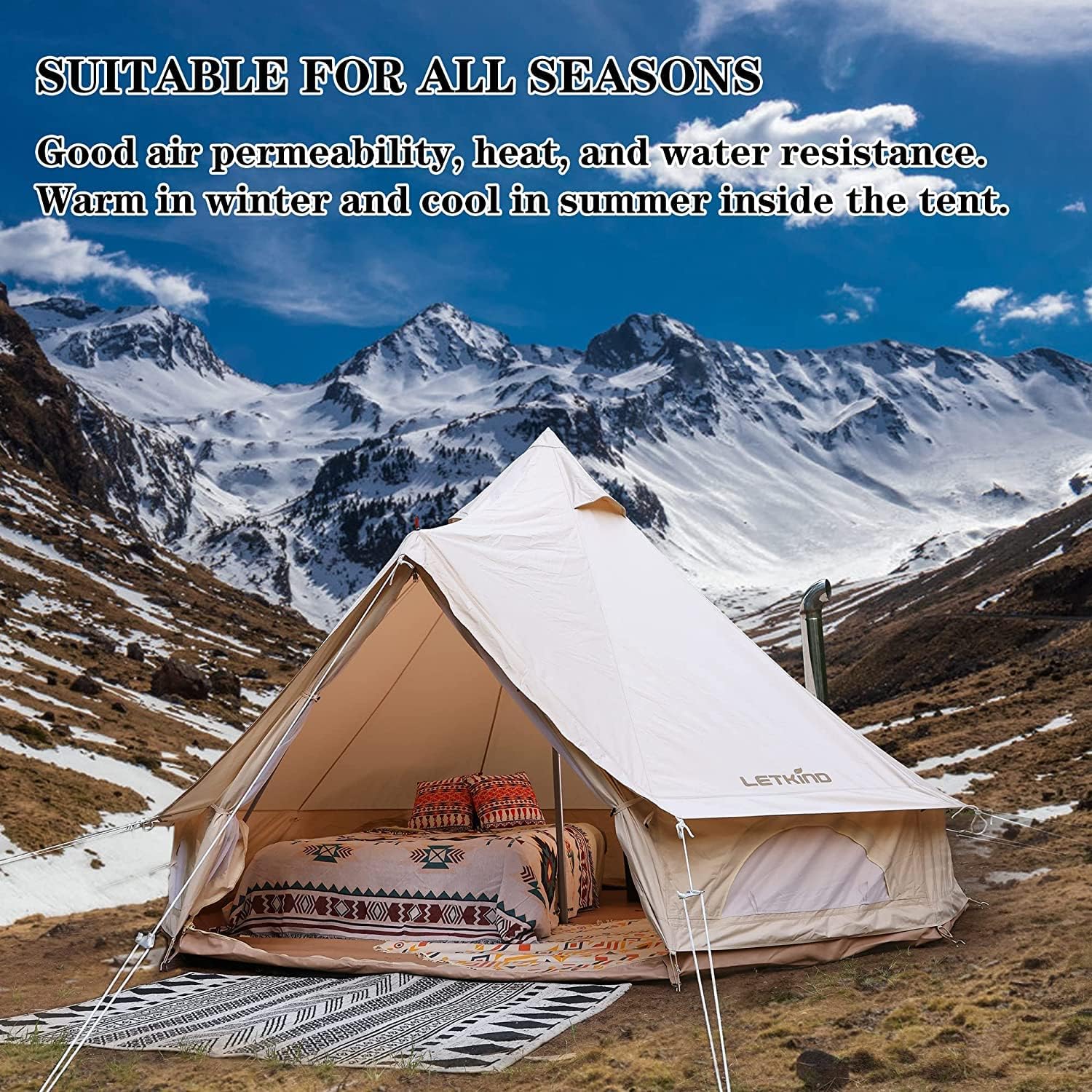 Canvas Bell Tent with Stove Jack, 4 Season Waterproof Cotton Camping Tent J41530