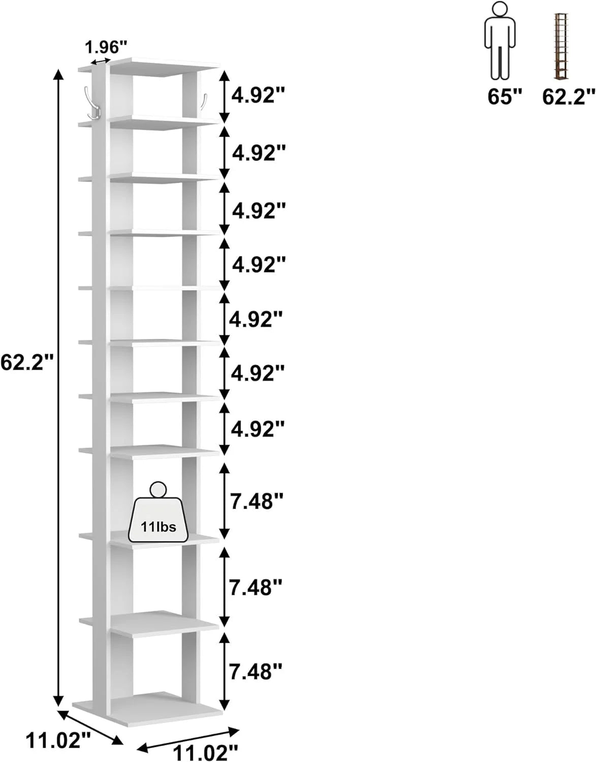 10-Tier Vertical Shoe Rack, Corner Shoe Tower, Slim Shoe Organizer with Two Hanging Hooks, Wooden Shoe Storage Stand (White) N684683