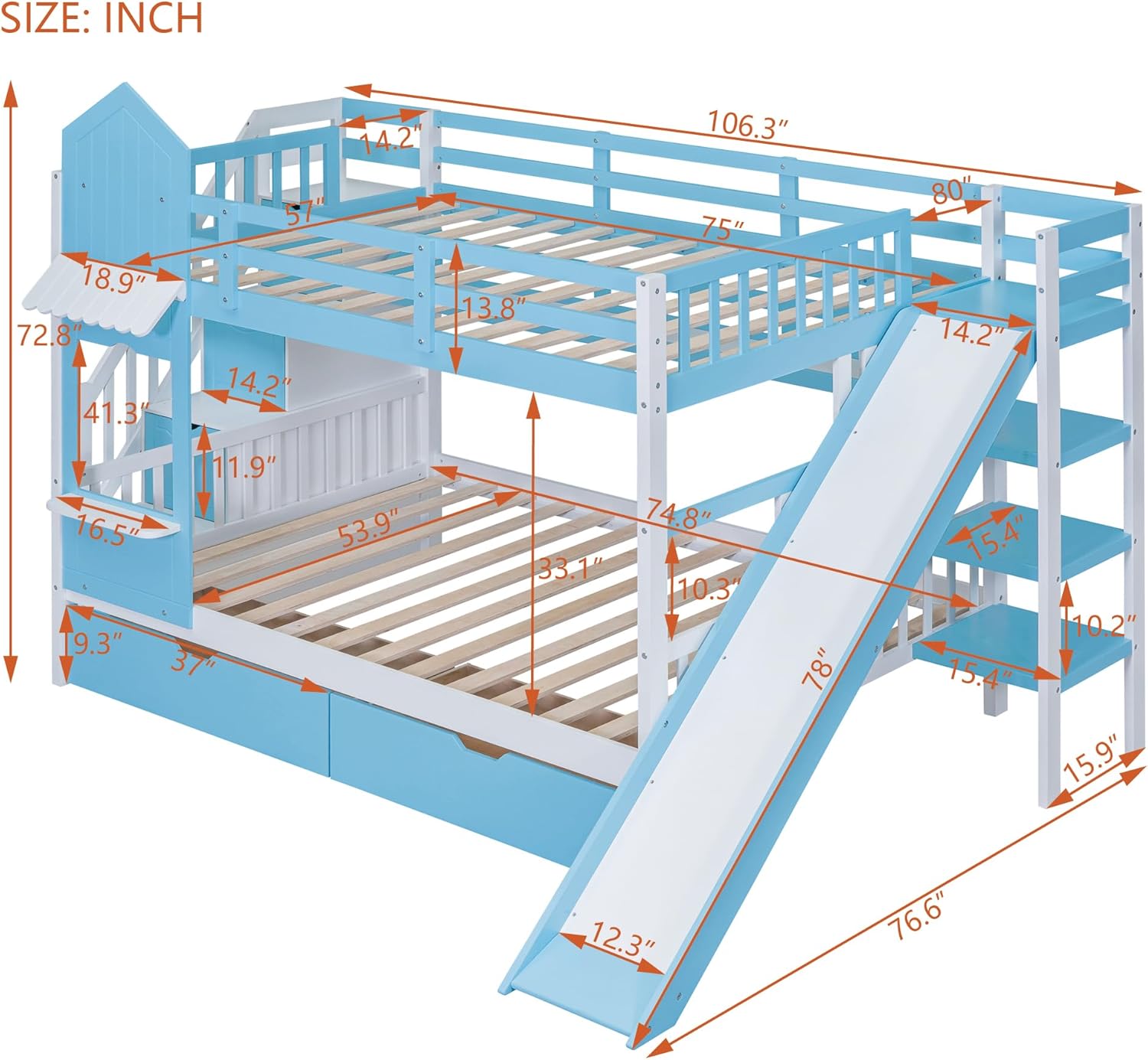 Full Over Full Solid Wood Bunk Bed with Stairs and Slide and Storage Drawers and Bookshelf (Blue) U370