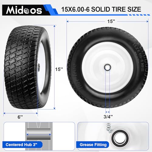 15x6.00-6nhs Lawn Mower Tires Flat Free, 2 Pcs 15x6-6 Tire and Wheel with 3/4" & 5/8" Precision Bearings -1" Bushings & 3" Offset Hub L2658