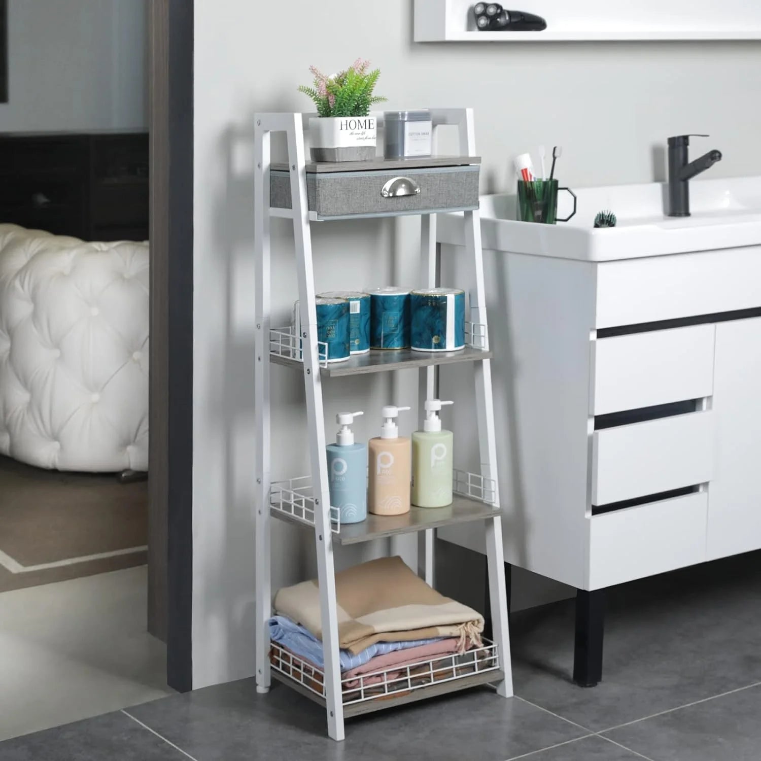 White 4 Tier Ladder Shelf with Drawer S50609