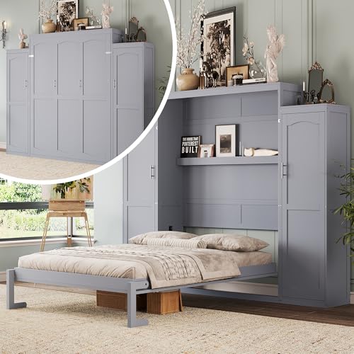 Full Size Murphy Bed with Two Wardrobes and Storage Shelf (White) J647
