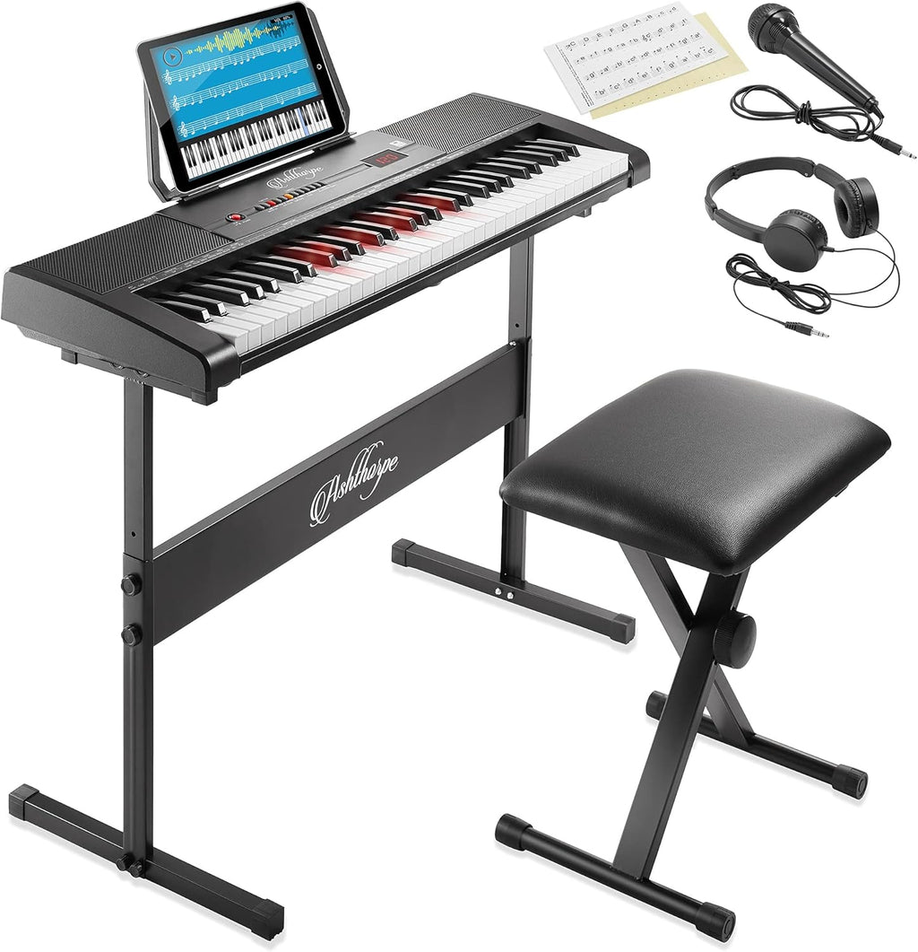 61-Key Digital Electronic Keyboard Piano with Light Up Keys, Stand, Bench, Headphones, Mic and Keynote Stickers K612196