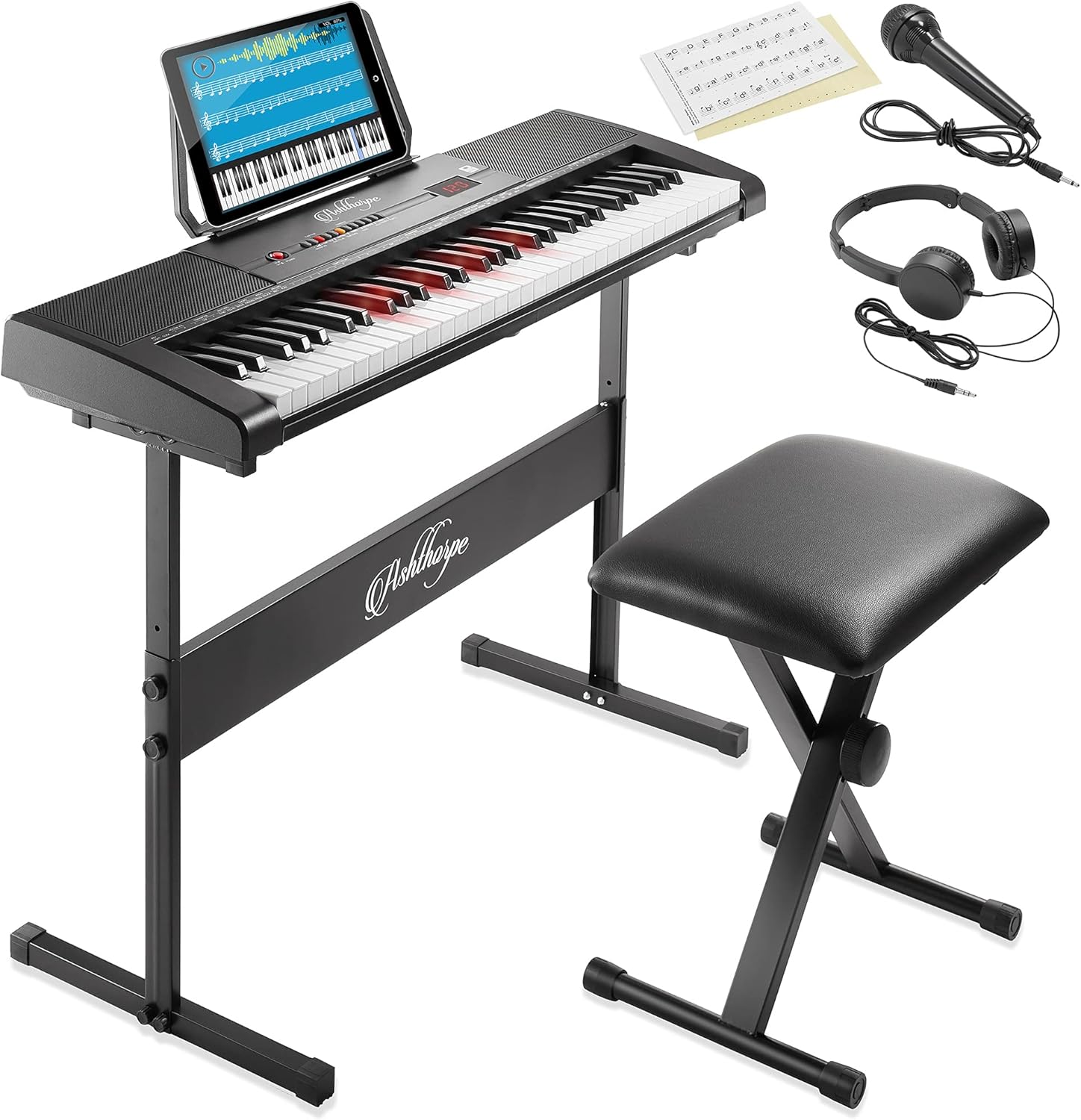 61-Key Digital Electronic Keyboard Piano with Light Up Keys, Stand, Bench, Headphones, Mic and Keynote Stickers K612196