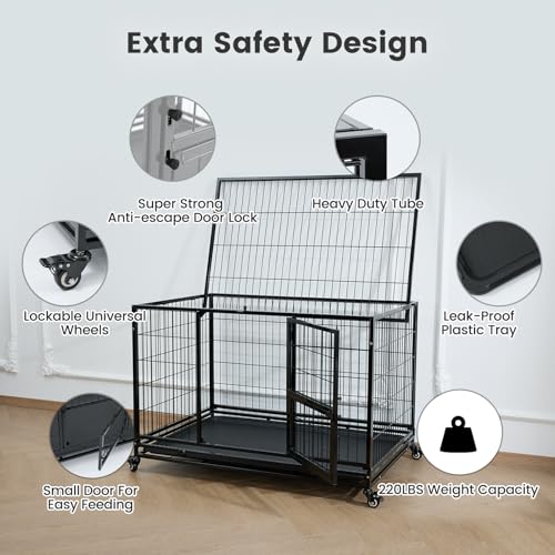 43 Inch Heavy Duty Metal Dog Crate with Wheels and Removable Tray (Black) U53837