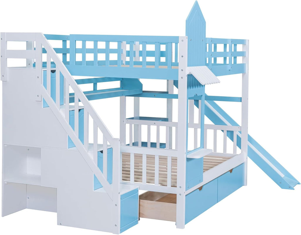 Full Over Full Solid Wood Bunk Bed with Stairs and Slide and Storage Drawers and Bookshelf (Blue) U370