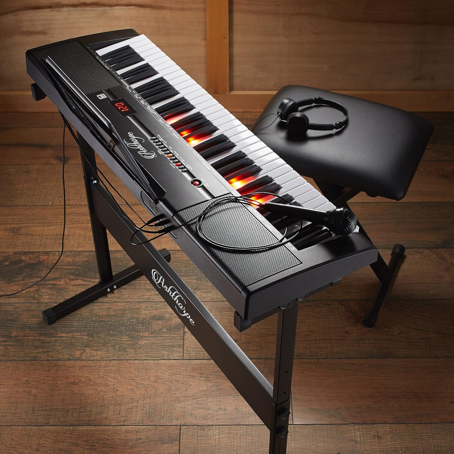 61-Key Digital Electronic Keyboard Piano with Light Up Keys, Stand, Bench, Headphones, Mic and Keynote Stickers K612196