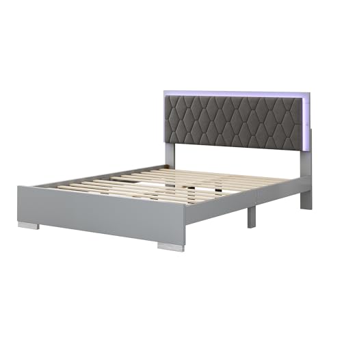 Queen Wood Upholstered Bed with LED Lights, 2 Mirrored Nightstands, 6-Drawer Dresser with Metal Handles and Legs (Grey) M8352