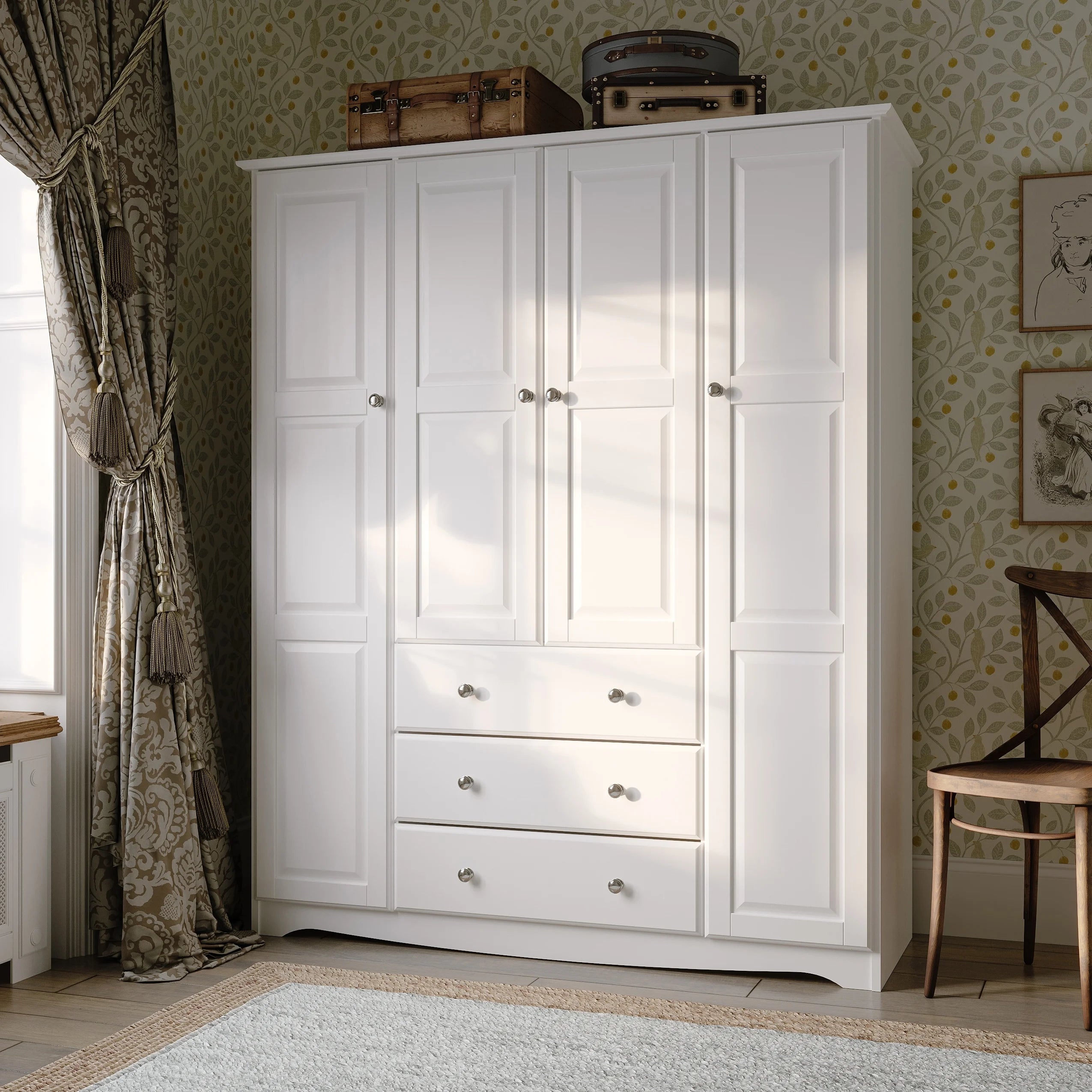 100% Solid Wood 4-Door Wardrobe Armoire D67568