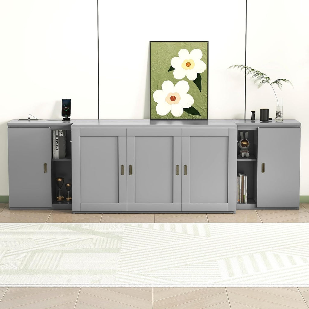 Queen Size Murphy Bed with Shelves, Cabinets and USB Ports, Gray Q16087