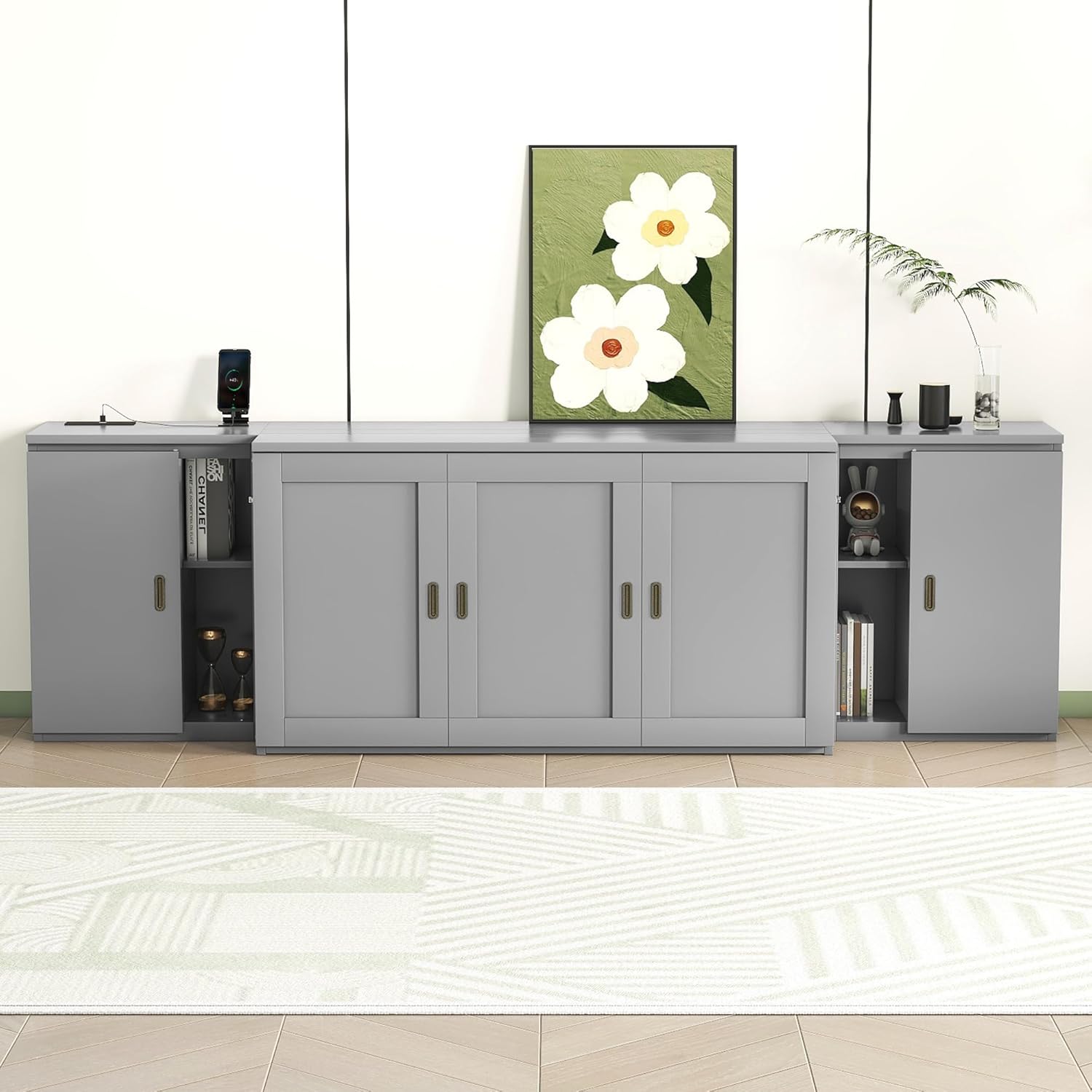 Queen Size Murphy Bed with Shelves, Cabinets and USB Ports, Gray Q16087