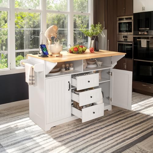 Black Kitchen Island with Drop Leaf, 3 Drawers, Power Outlet Q1280