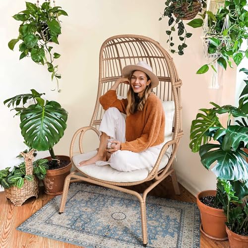 Beige Wicker Egg Chair with Stand & Cushion M137