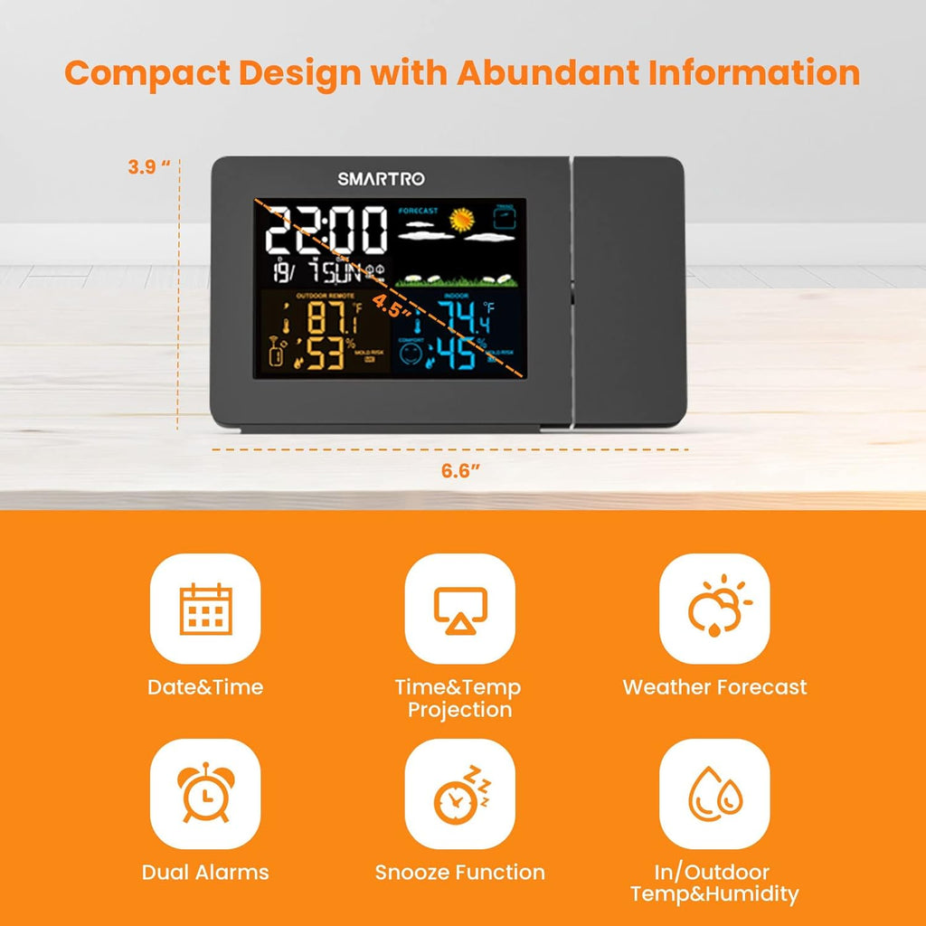 Projection Alarm Clock with Weather Station, Wireless Indoor Outdoor Thermometer, Temperature Humidity Monitor R4217