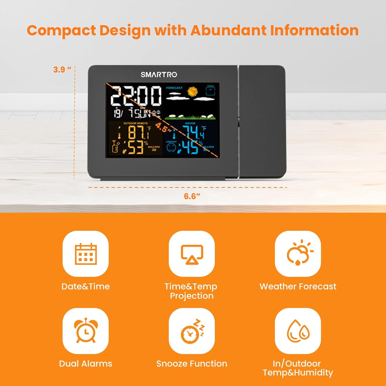 Projection Alarm Clock with Weather Station, Wireless Indoor Outdoor Thermometer, Temperature Humidity Monitor R4217