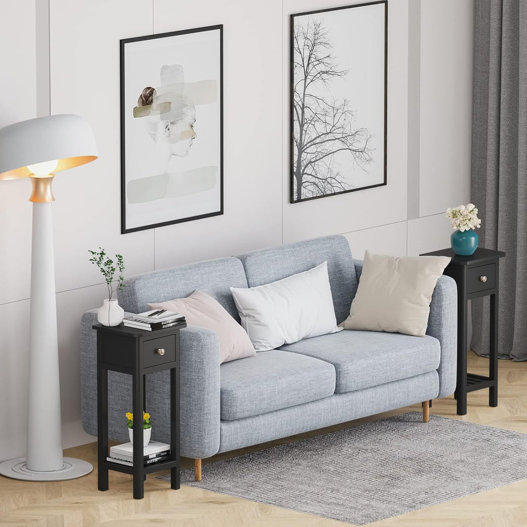 Black Narrow End Table Set of 2 with Drawer & Shelf Q8805