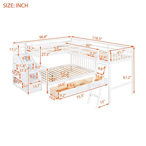 Twin over Full Triple Bunk Bed with Drawers and Stairway, L-Shaped Bunk Bed and Loft Bed Combo with Storage Compartment (Espresso) A737