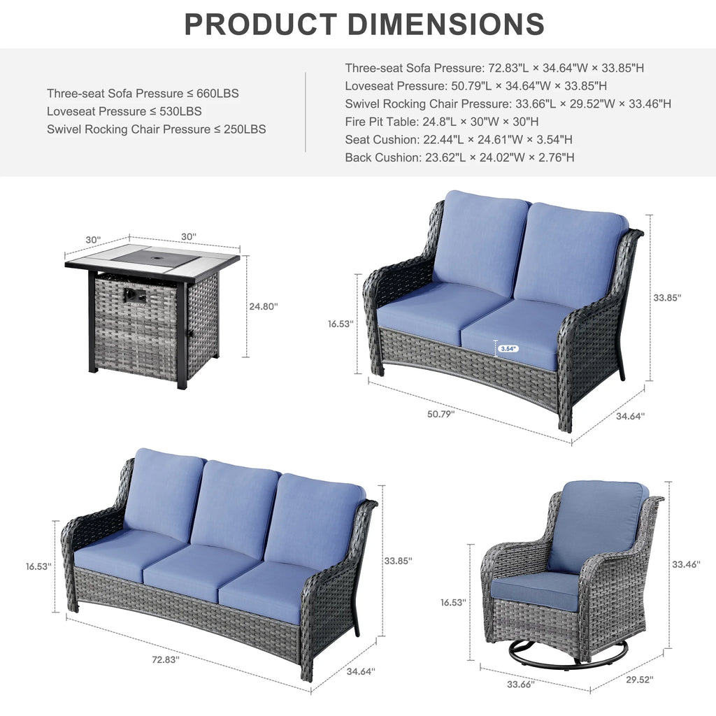 6 Pieces Outdoor Patio Furniture with Fire Pit Table Wicker Patio Sectional Sofa with Swivel Chairs L6486