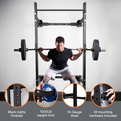 Wall Mounted Folding Power Squat Rack - Heavy Duty Adjustable Pull Up Bar, Home Gym Equipment with Durable J-Cups - Black W258