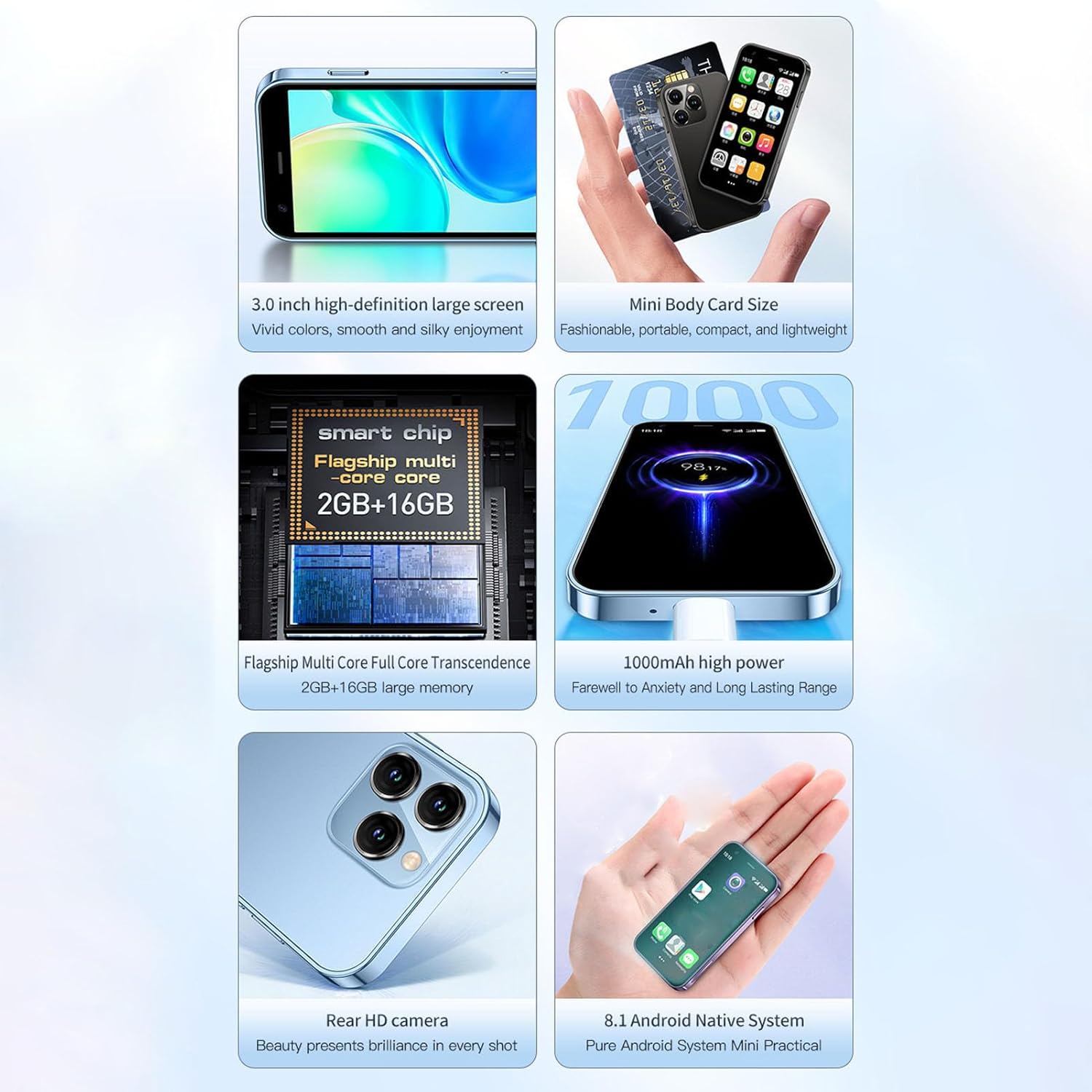 Mini 3G Smartphone, 3.0 Inch, HD Camera, Quad Core, Dual Sim, WiFi, 2GB 16GB, Blue H23533