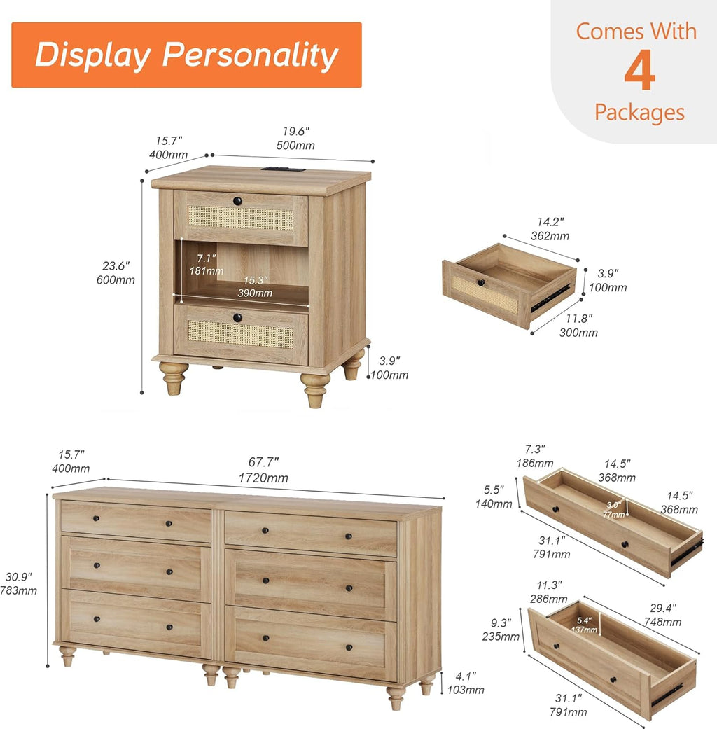 4 Piece Dresser and Nightstand Sets with Charging Station, Oak U308