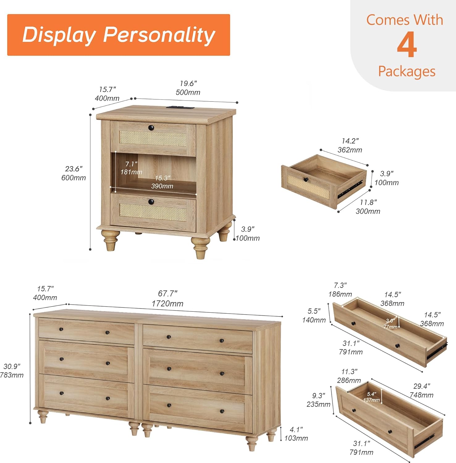 4 Piece Dresser and Nightstand Sets with Charging Station, Oak U308