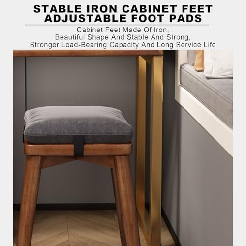 Wooden Vanity Desk with Mirror and Lights and Drawers with Cushioned Stool R27633