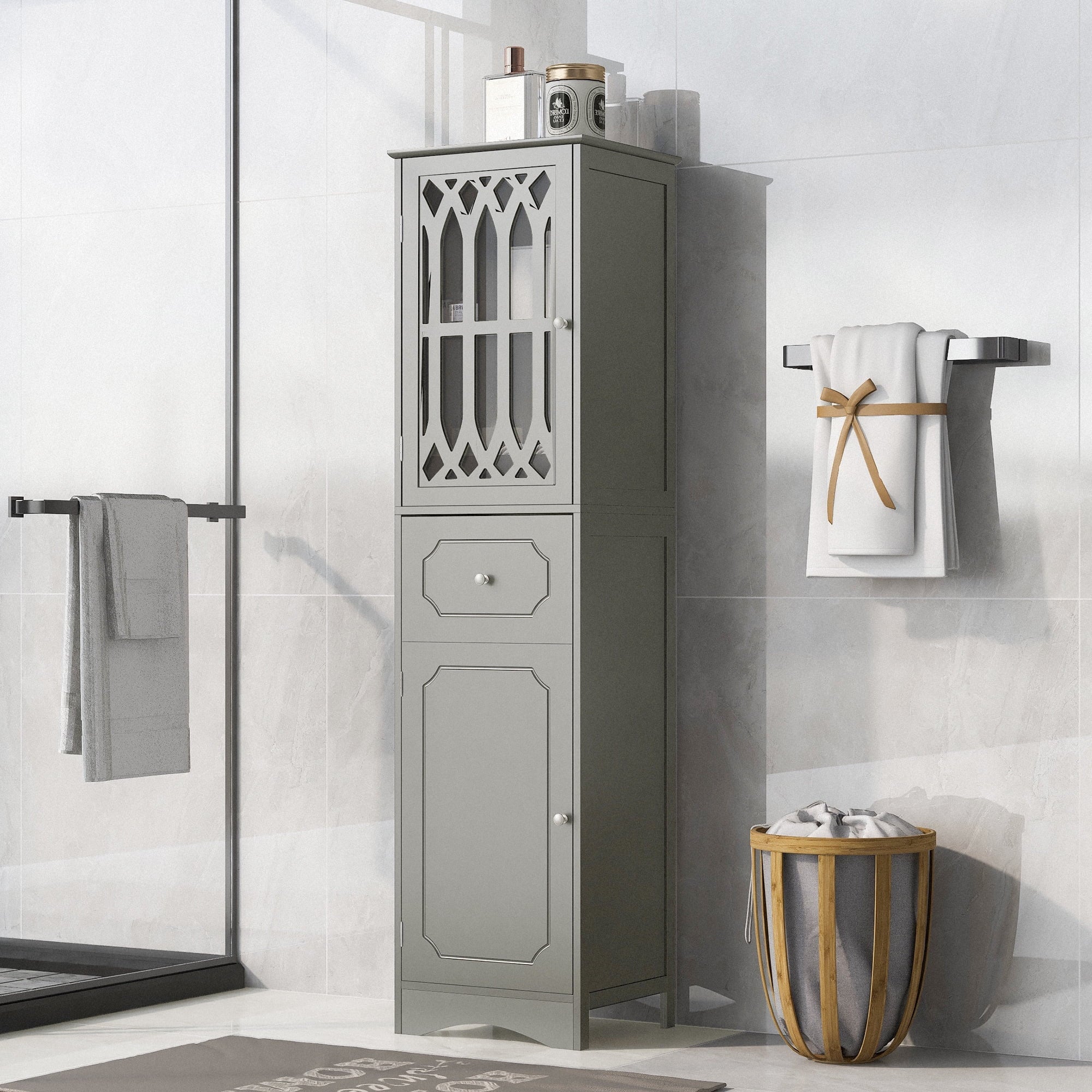 Tall Bathroom Storage Cabinet with Doors Drawers Wood Floor Freestanding Organizer S24252