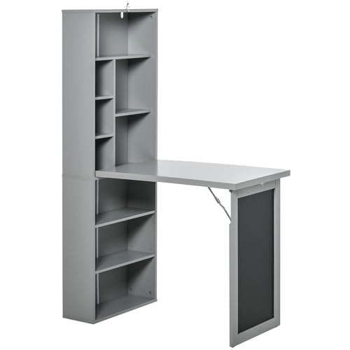 Grey Wall Mount Desk Cabinet with Blackboard and Side Shelf M8497