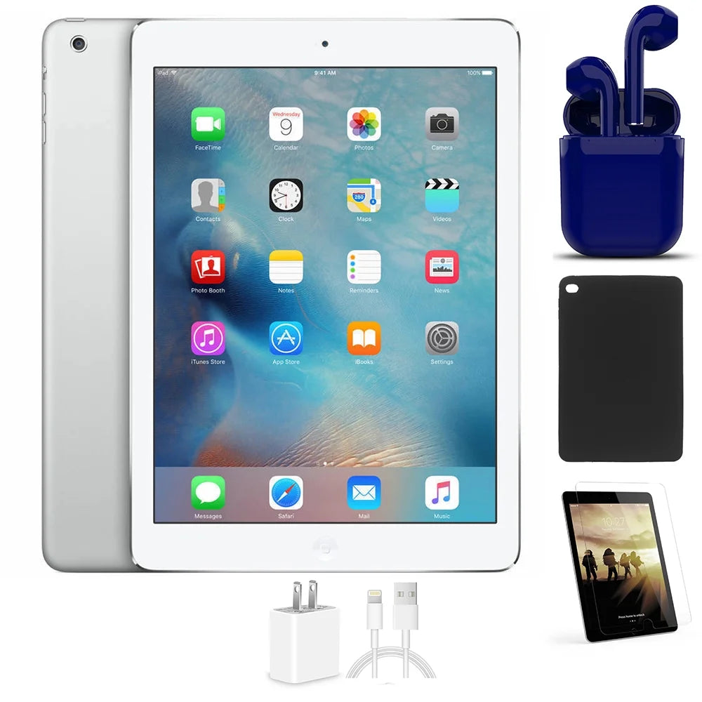 iPad Air 16GB Silver Wi-Fi Only Bundle with Tempered Glass, Case, Charger, Airbuds U2187