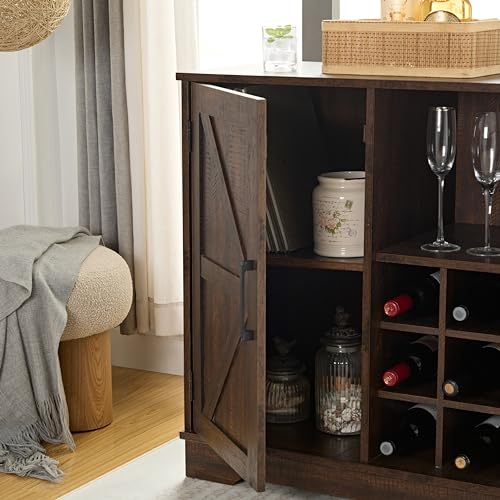Gray Wash Coffee Bar Cabinet with Wine Rack Barn Door Buffet Sideboard E921