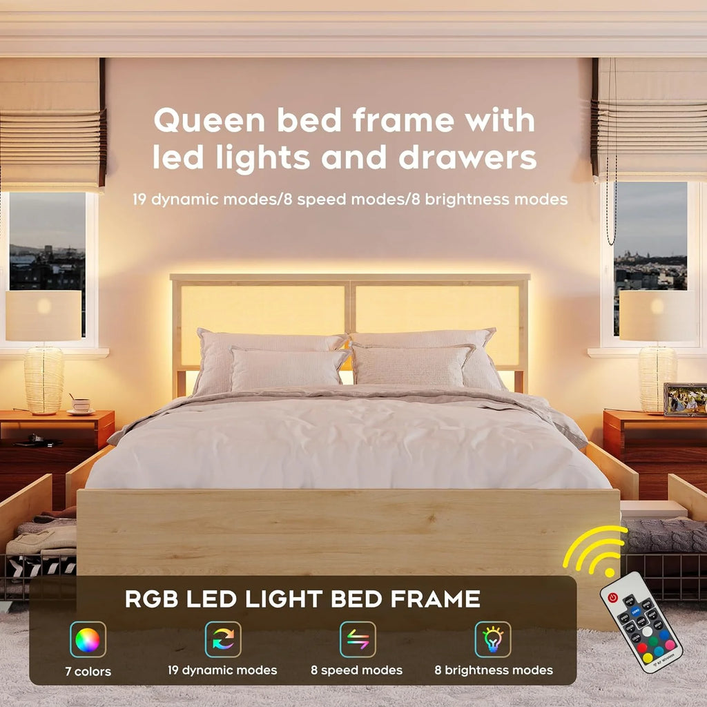 Natural Rattan Queen Bed Frame with Wooden Headboard and 4 Storage Drawers R353431