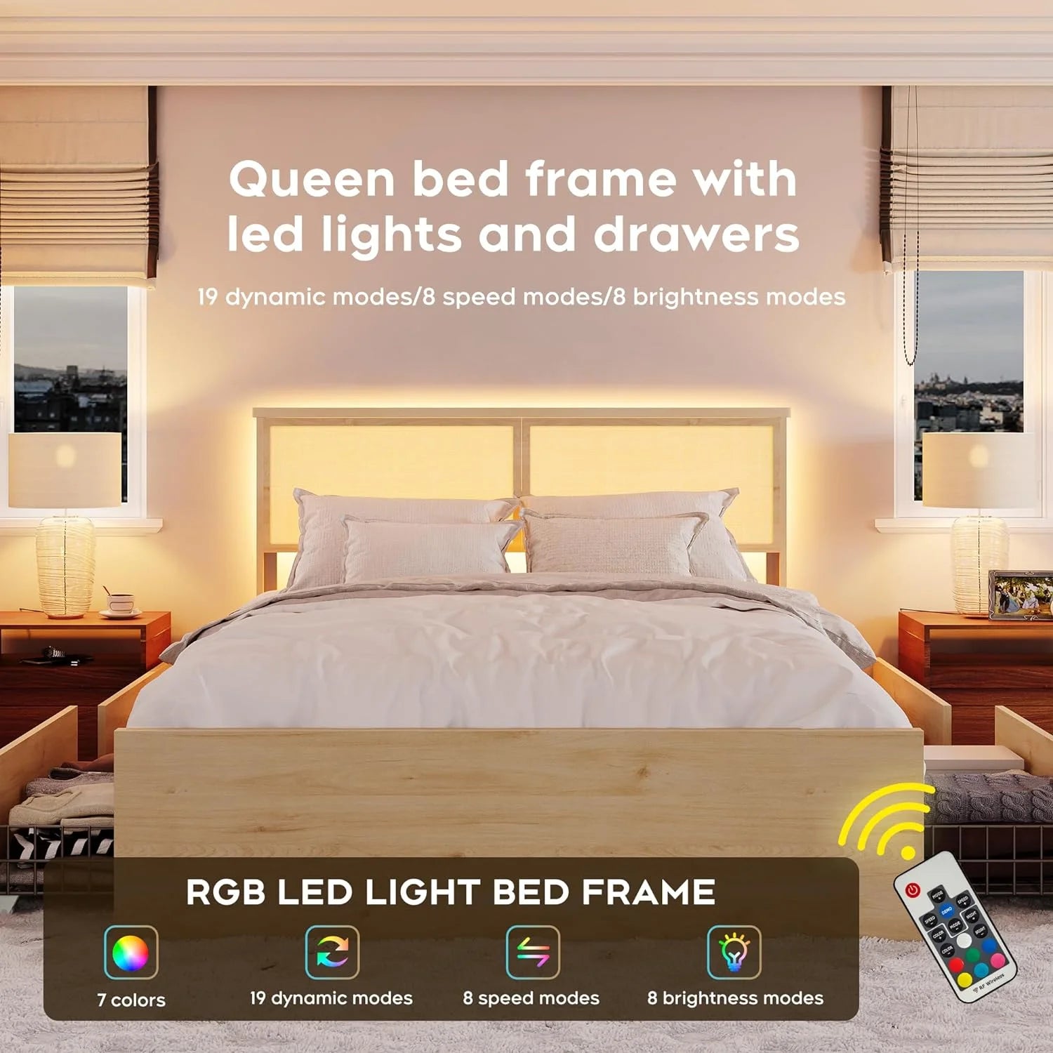 Natural Rattan Queen Bed Frame with Wooden Headboard and 4 Storage Drawers R353431