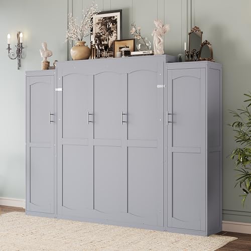 Full Size Murphy Bed with Two Wardrobes and Storage Shelf (White) J647