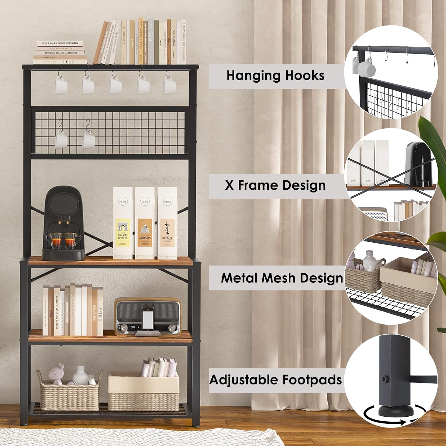 Rustic Brown 4-Tier Baker's Rack with 5 Hooks C855