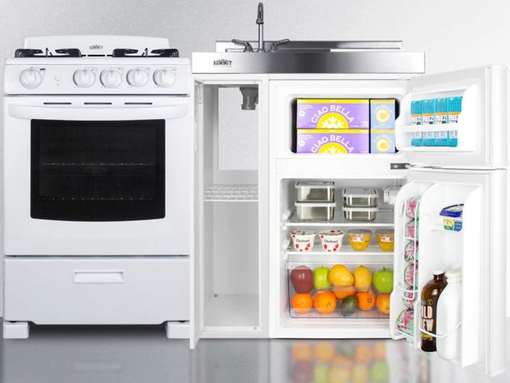 54" Wide All-in-One Kitchenette with 4-Burner Gas Range, Refrigerator-Freezer, Sink, Cutting Board and Storage Cabinet H7903