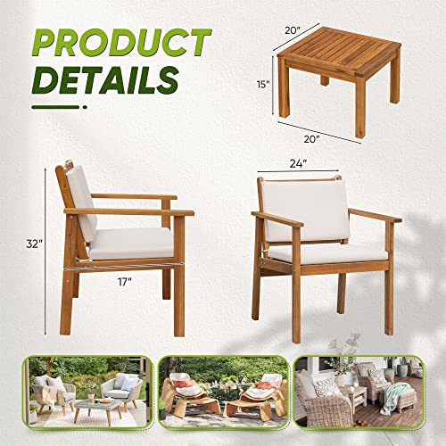 3 Piece Acacia Wood Patio Chairs with Coffee Table & Cushions I114340