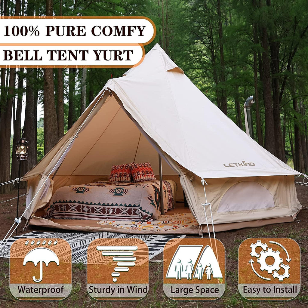 Canvas Bell Tent with Stove Jack, 4 Season Waterproof Cotton Camping Tent J41530