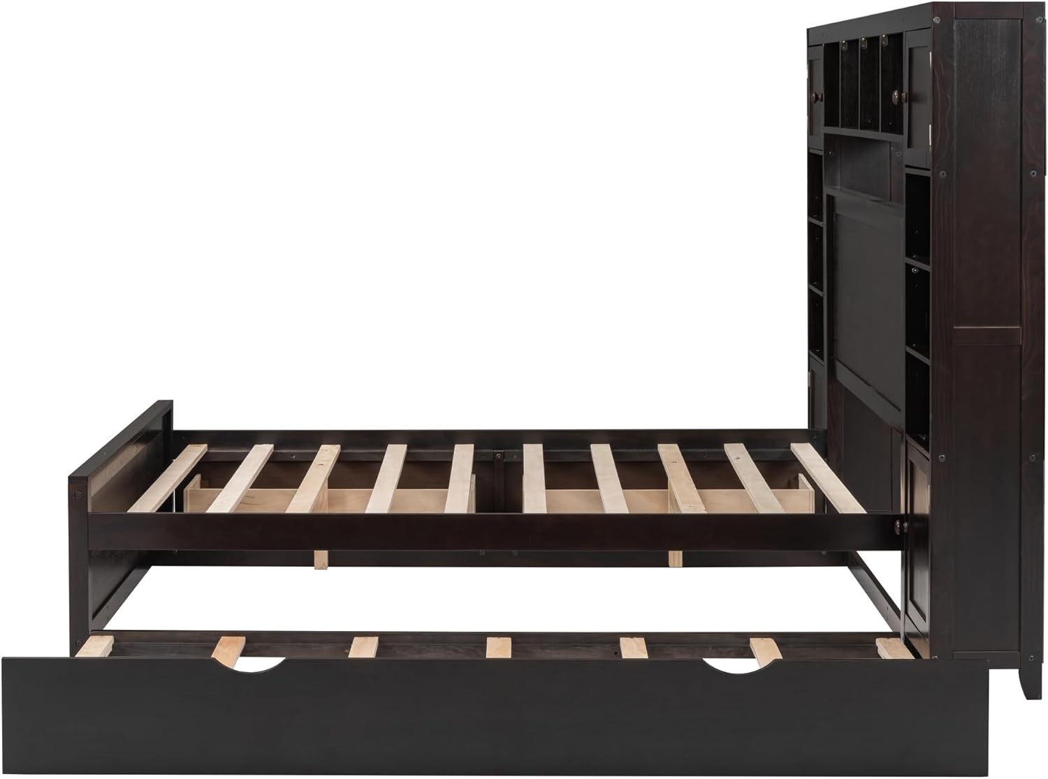 Full Size Wood Storage Bed with Bookcase Headboard and Trundle F681