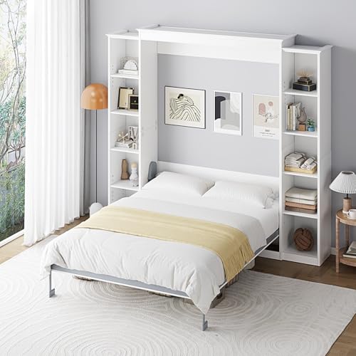 White Queen Murphy Bed Cabinet with 5-Tier Adjustable Storage Shelves L36209