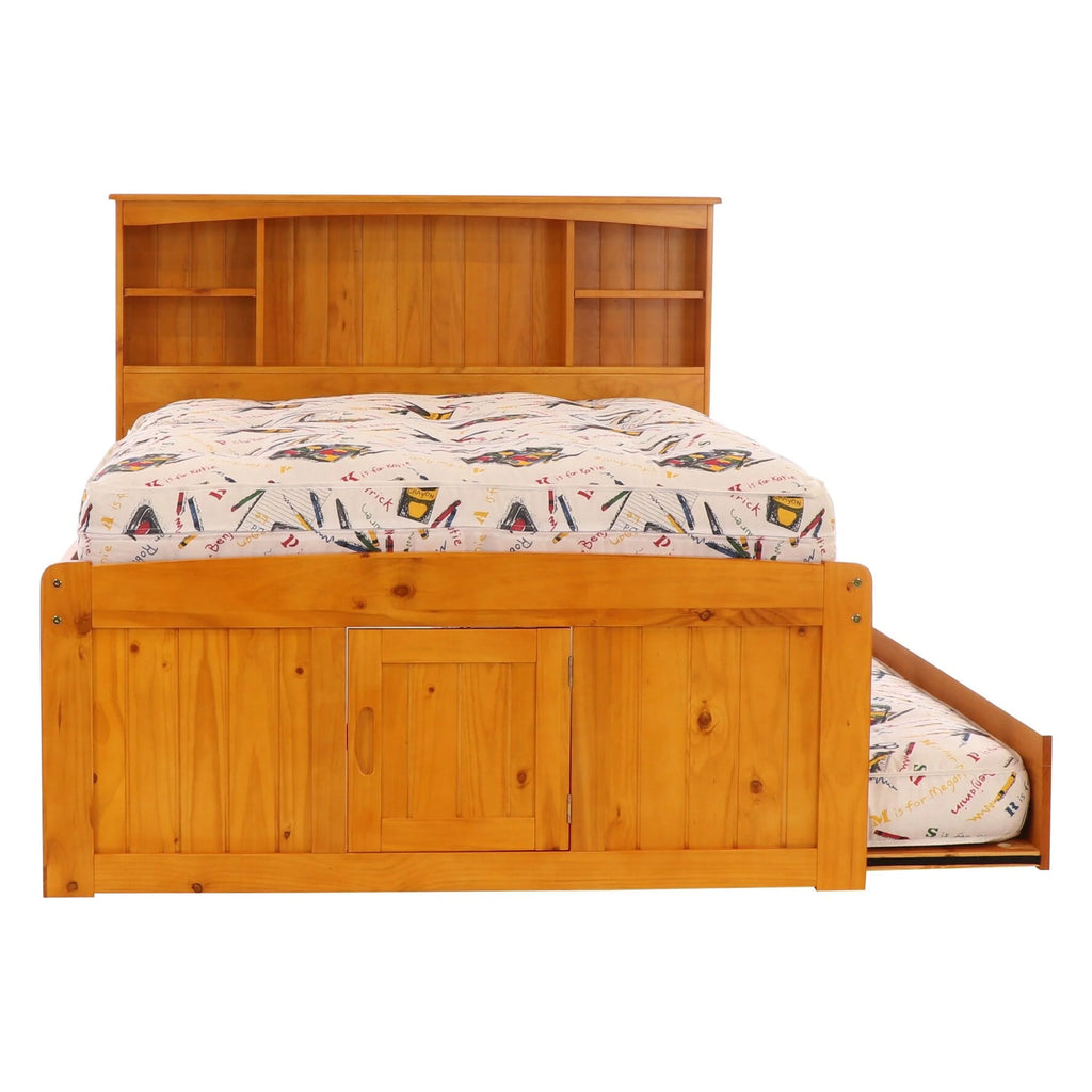 Solid Pine Full Captains Bookcase Bed with 3 Drawers and Twin Sized Trundle in Warm Honey U65643