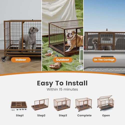 43 Inch Heavy Duty Metal Dog Crate with Wheels and Removable Tray (Black) U53837