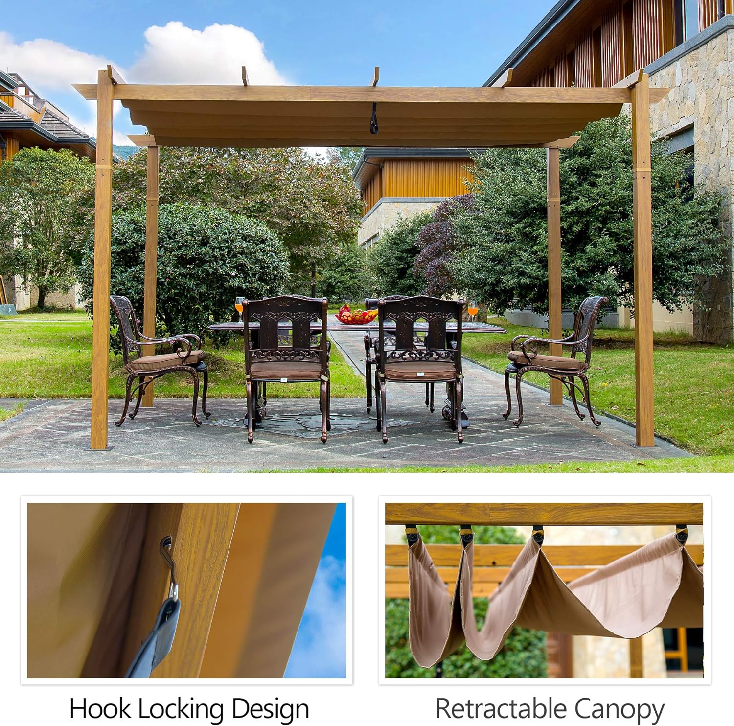 Aluminum Retractable Pergola with Natural Wood Looking Finish Z469
