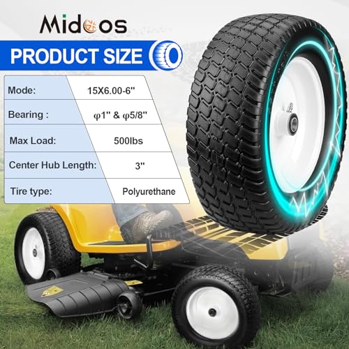 15x6.00-6nhs Lawn Mower Tires Flat Free, 2 Pcs 15x6-6 Tire and Wheel with 3/4" & 5/8" Precision Bearings -1" Bushings & 3" Offset Hub L2658