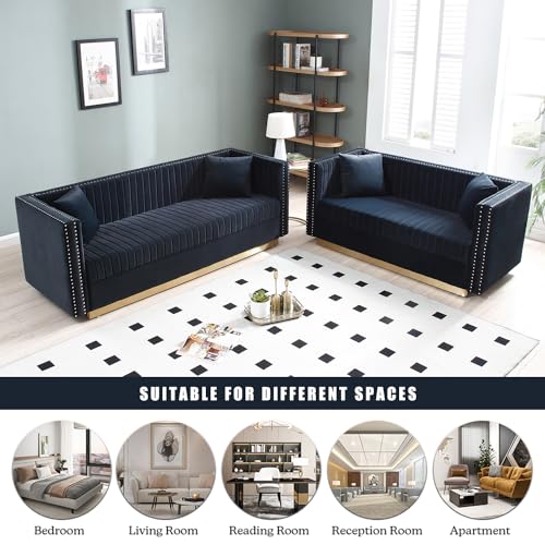 Black Velvet 3 Seater Sofa with Gold Metal Legs H658960