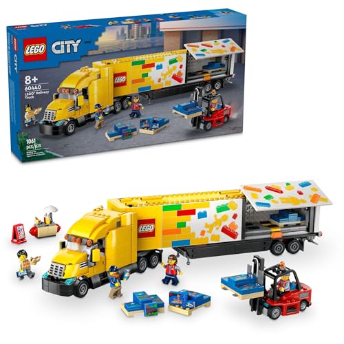 Yellow Delivery Truck Toy with Semitruck Model, Forklift and 4 Minifigures U1391