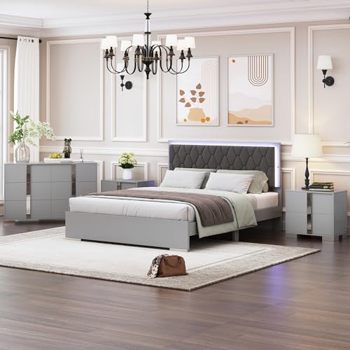 Queen Wood Upholstered Bed with LED Lights, 2 Mirrored Nightstands, 6-Drawer Dresser with Metal Handles and Legs (Grey) M8352