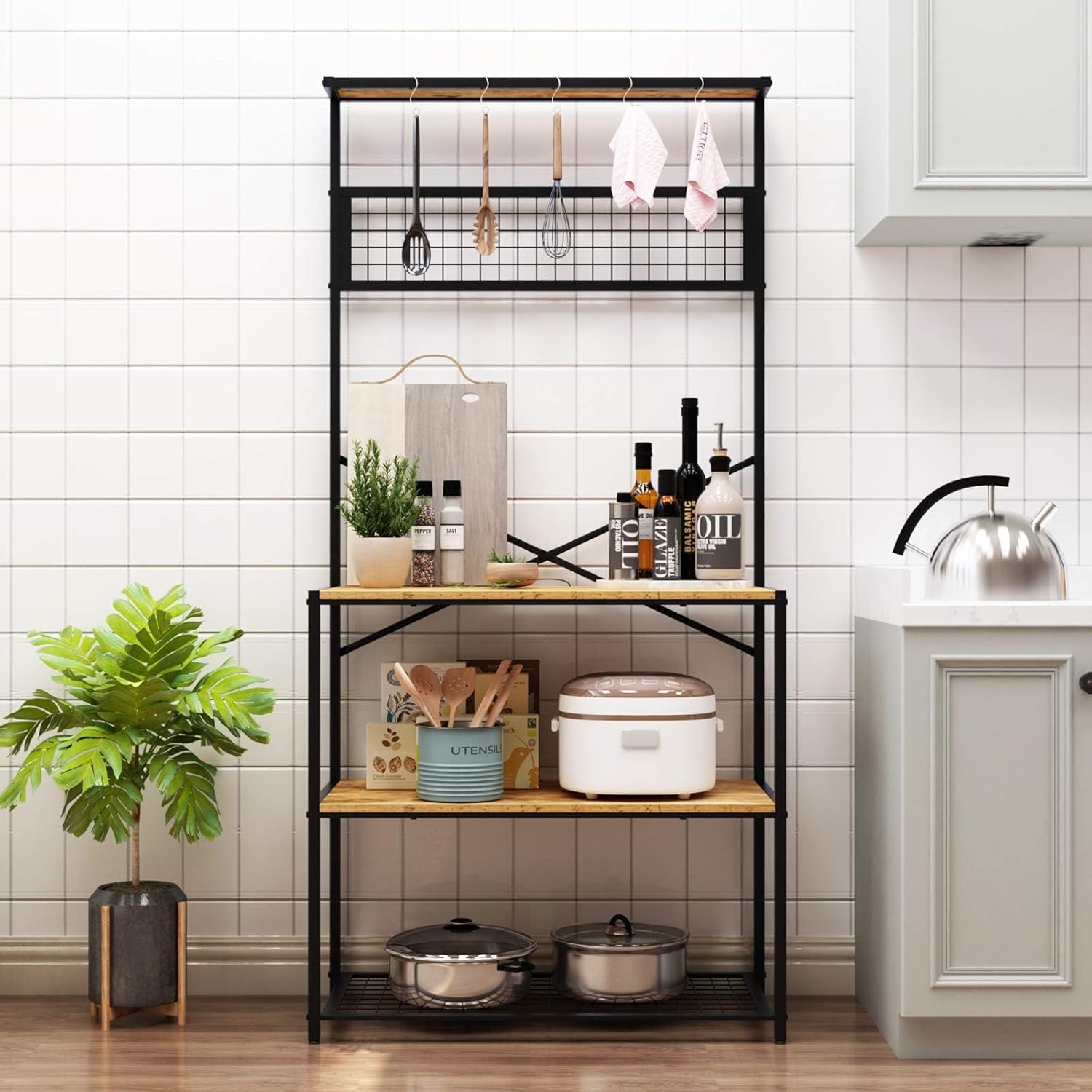 Rustic Brown 4-Tier Baker's Rack with 5 Hooks C855