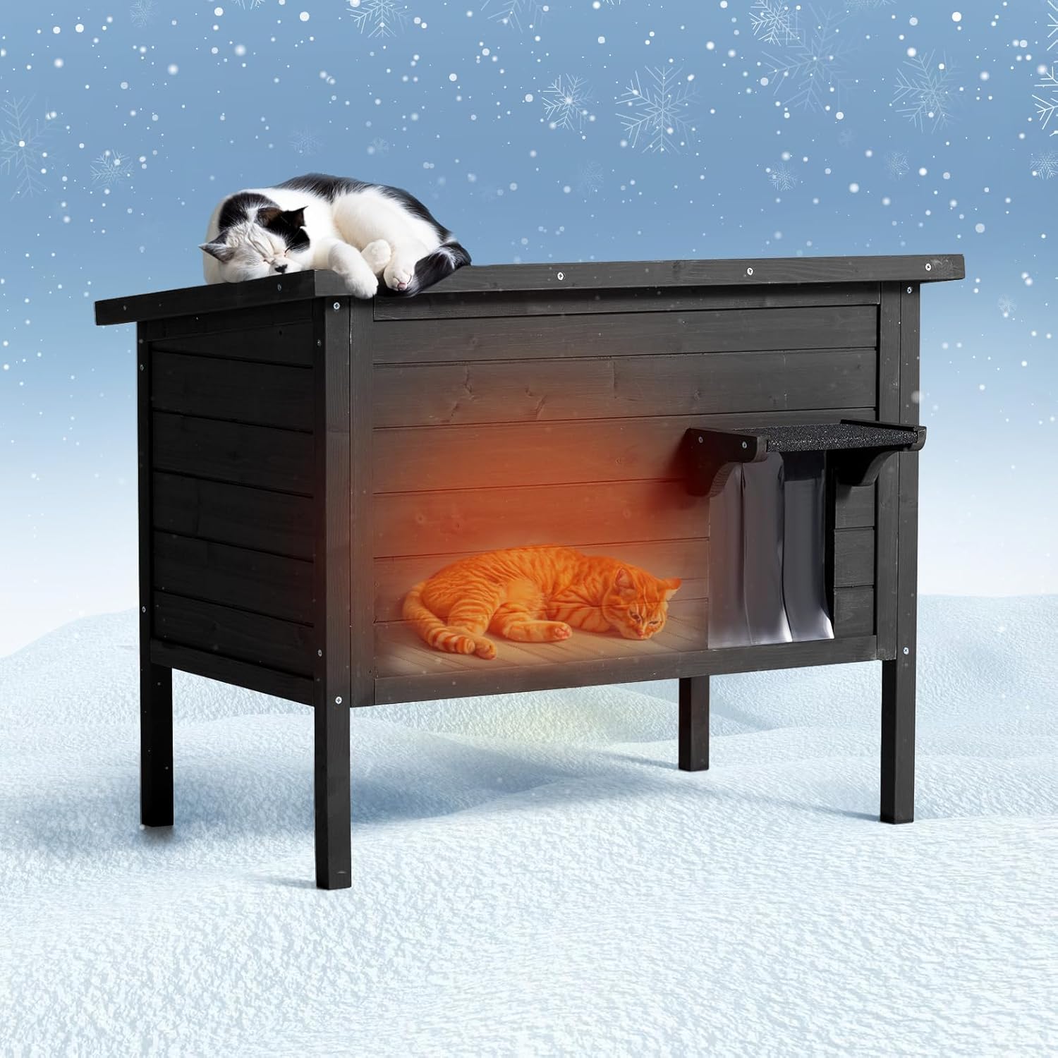 Outdoor Cat House Weatherproof Insulated Foam Wooden Cat Condos with PVC Door Flaps Z280372
